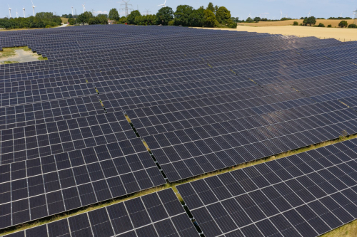 Schräge Luftaufnahme dicht gereihter Solarmodule vor Getreidefeldern und Windpark