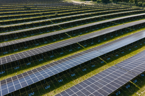 Detailaufnahme aus der Luft von Solarmodulreihen mit Wiese zwischen den Reihen
