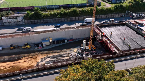 Luftaufnahmen der Autobahn Baustelle Hamburg Bahrenfeld.